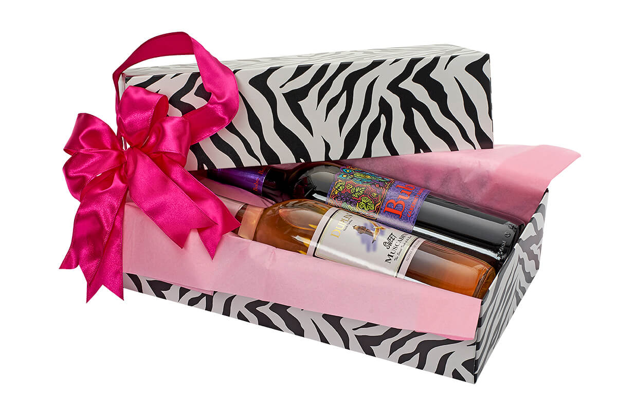 Double Wine Box – Floral Print, Open with bottles