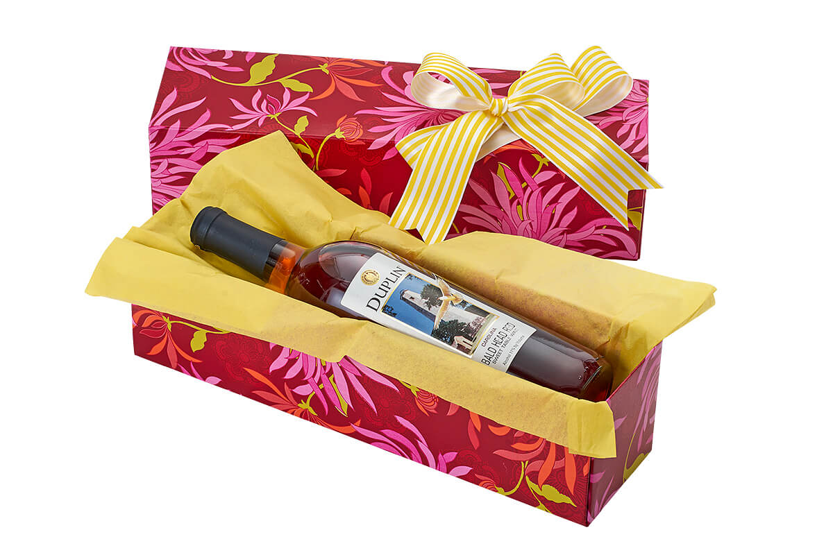 Single Wine Box – Floral Print, Open with bottle