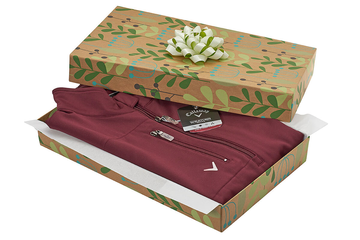 Medium Apparel Box – Christmas Tree Print, Open with garment